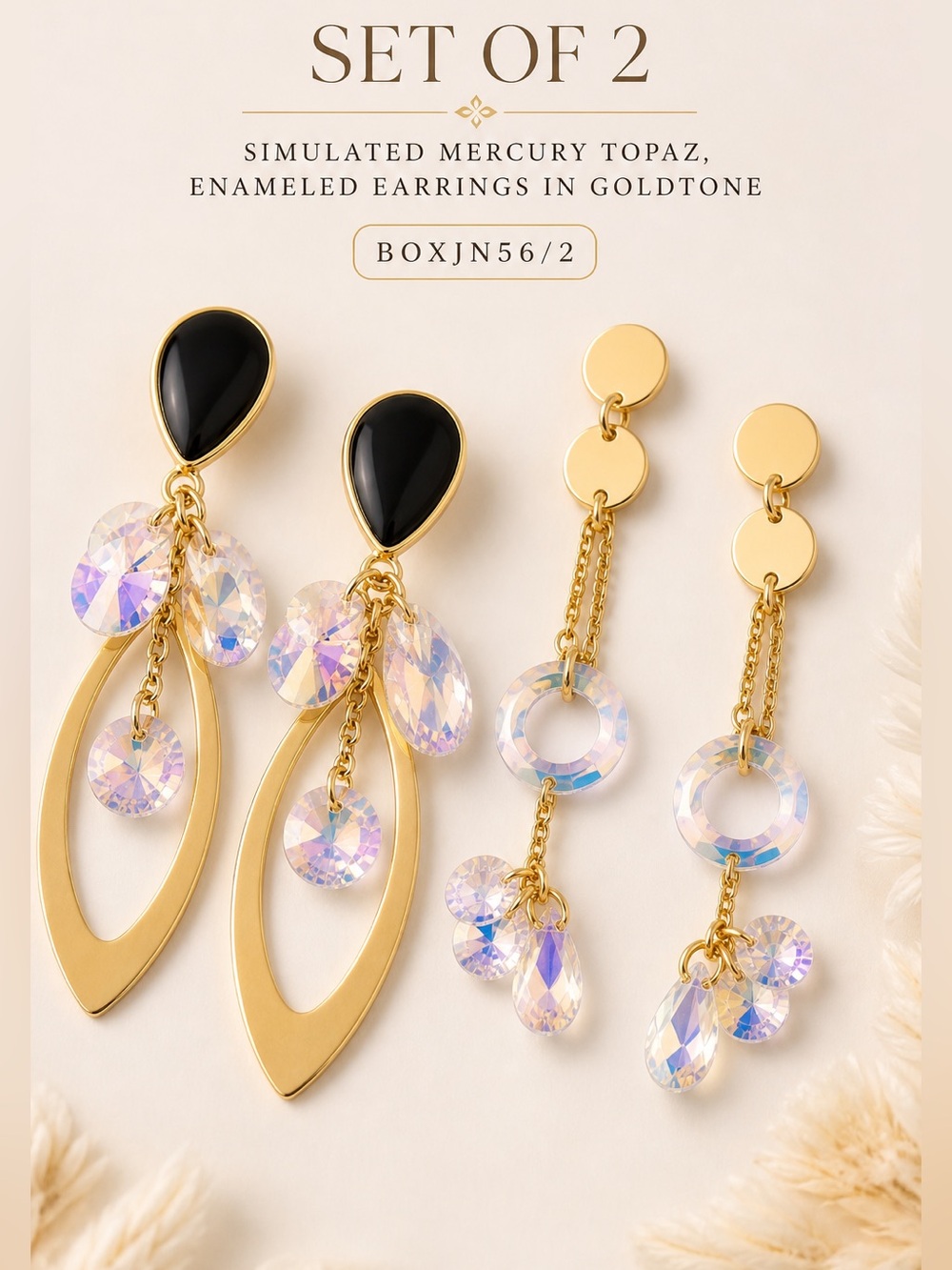 Set of 2 Goldtone Simulated Mercury Topaz Enameled Dangle Earrings Mystic Glass